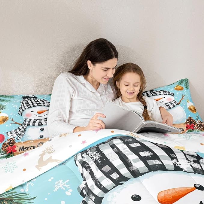 Feelyou Merry Christmas Comforter Set Toddler Size Cute Snowman Bedding Set for Kids Boys Girls Snowflake Duvet Quilt Winter Bedroom Decor Microfiber 2 Pcs with 1 Pillow Cases