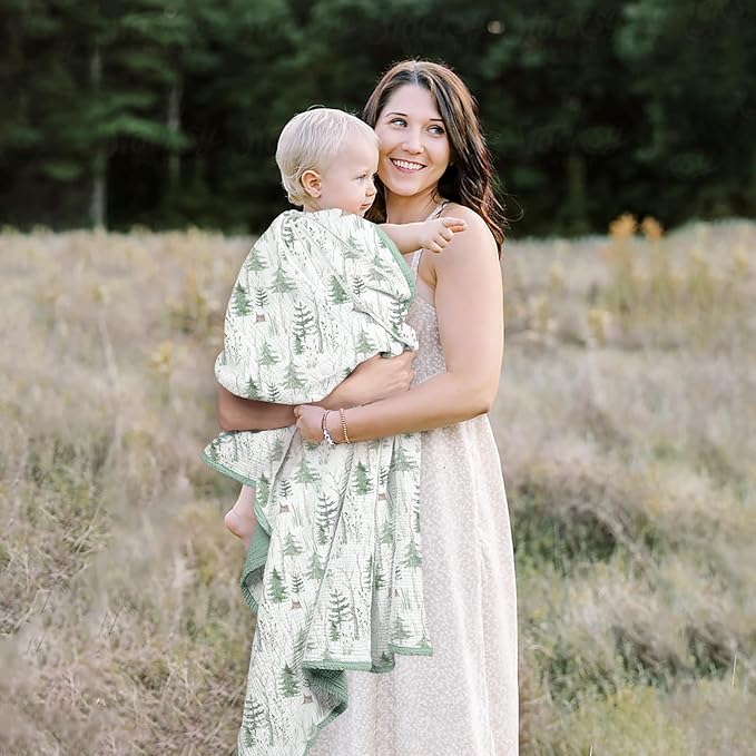 lulumoon Muslin Baby Blanket Neutral: Cotton Crib Blanket with Pine Tree - Soft Toddler Bedding for Registry Gift 47x47 Inches (Green Forest Stump)