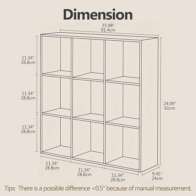 Bookshelf 9-Cube Storage Organizer, Sturdy Wooden Bookcase with Closed Back Panel, Multipurpose Display Shelf for Home Office, Bedroom, Study, 35.98" L x 9.45" W x 35.91" H, White Oak