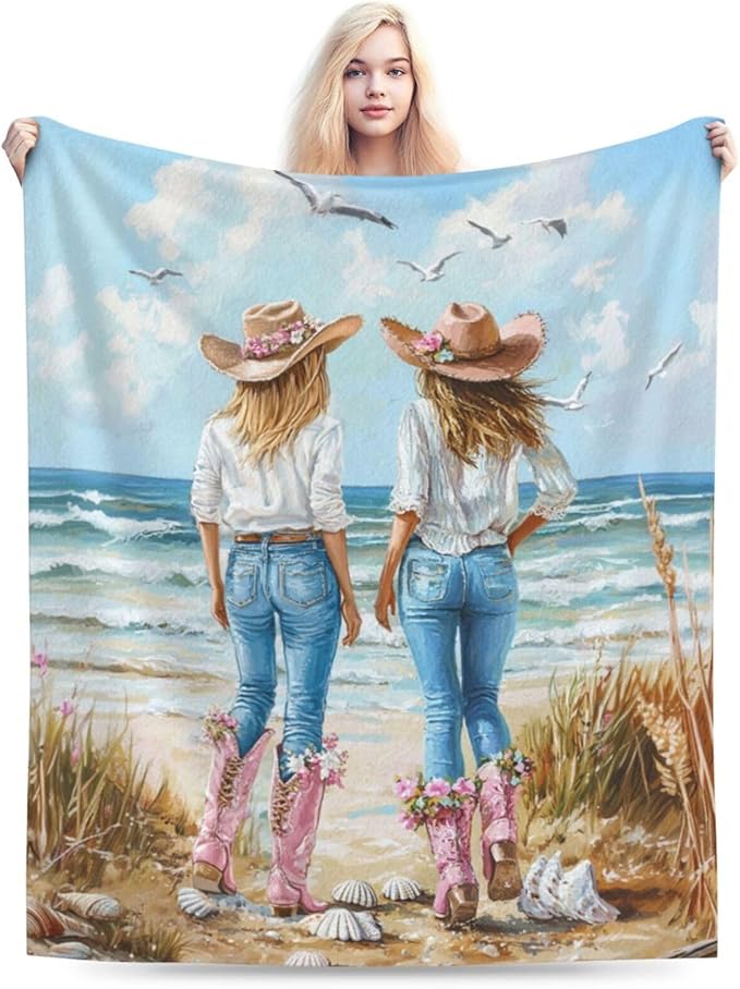 Coastal Cowgirl Blanket Cowgirl Beach Decor Throw Blanket Super Soft Flannel Lightweight Fluffy Plush Fuzzy Fleece Western Blanket Gifts for Girl Woman Boys Kids Adults Man for Bed Sofa 60"X80"