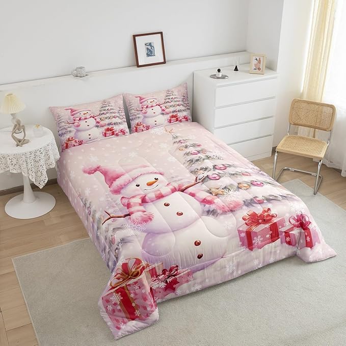 Pink Christmas Snowman Comforter Set for Kids,Merry Christmas Bedding Set Teens Boys Room Decor,Xmas Tree Gift Comforter with 1 Pillowcase for All Seasons,Twin