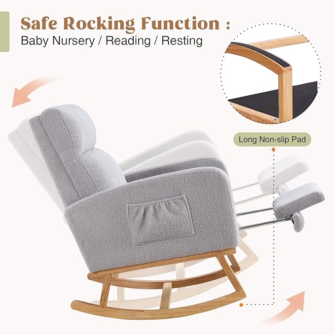 Rocking Chair Nursery with Foot Rest, Teddy Nursing Rocking Chairs for Mom Nursery, Rocker Glider Chair with Footrest for Living Room, Bedroom, Light Gray