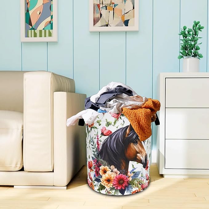 Beautiful Horse Flowers Laundry Basket Oxford Cloth Laundry Hamper With Handle Foldable Portable Clothes Storage Basket 18.9 X 16.5 Inch Storage Bag For Laundry Room/Bathroom/Bedroom/Dormitories