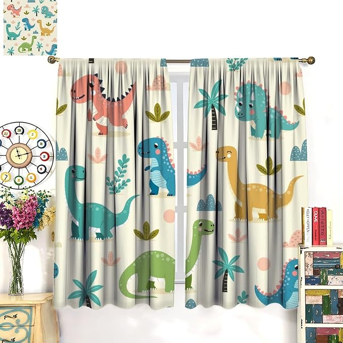 Fun Dino Curtains, Cute Colorful Dinosaur Pattern Blackout Window Treatments, Rod Pocket Thermal Insulated Drapes 2 Panel Sets for Children Boys Bedroom Nursery Classroom, 42" W X 63" L