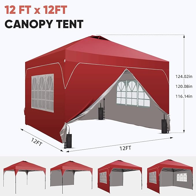 GDY 12x12FT Pop Up Canopy Tent with One Push Setup, Easy to Install with 4-Sidewalls for Events, Parties, Camping, Outdoor Gazebo with 4-Sandbags, Red.