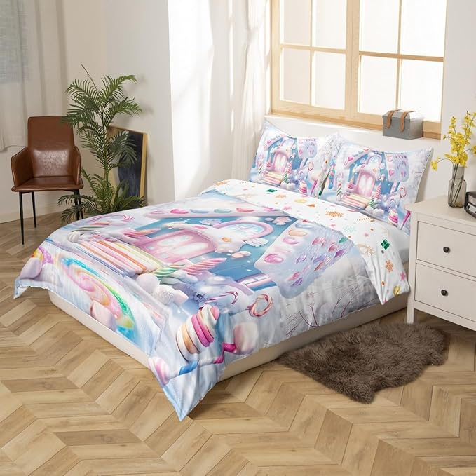 Manfei Christmas Kids Duvet Cover Set Twin Size, Cute Candy Cabin Xmas Bedding Set for Boys Girls Room Decor, New Year Winter Comforter Cover, Soft Polyester Quilt Cover, 1 Pillowcase, No Comforter