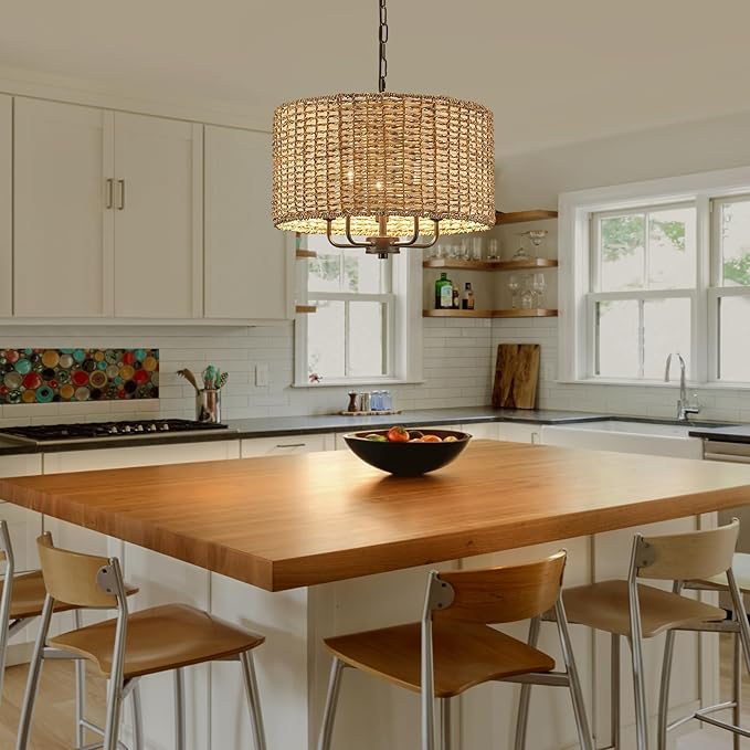 5 Lights Chandeliers 18" Rattan Light Fixture with Drum Woven Shade, Boho Chandelier for Kitchen Island,Entryway,Over Table,Hallway(Ceiling Hanging Mounted Wicker Light Fixture)