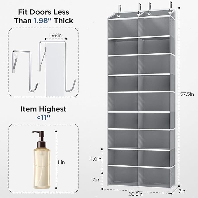 PureSpace 5-Tier Over The Door Organizer with 10 Side Mesh Pockets & Clear Windows, 80 lb Weight Capacity Hanging Storage for Bathroom, Bedroom, Nursery, Kitchen, Organizer Toys (Grey Clear wind)