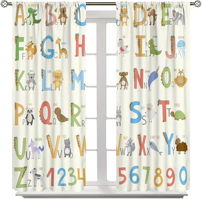 Kids Alphabet Curtains Funny Letter Education Cute Cartoon Animal Printed Curtain with Rod Pocket for Bedroom Living Room Home Decor Drapes Window Treatments 2 Panels Set 52" W X 84" L