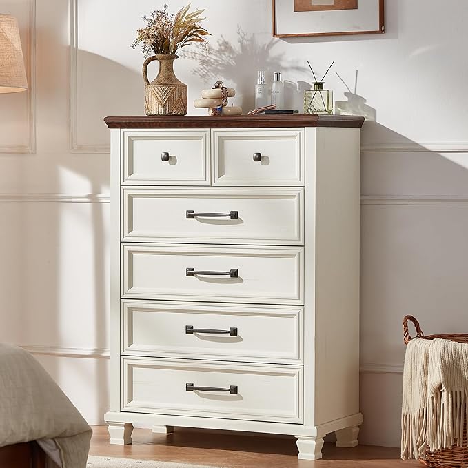 Farmhouse Bedroom Dresser and Nightstand Set of 4, 6 Drawer Tall & Low Dresser & 3 Drawer Nightstand Set with Wooden Legs, Rustic Wood Furniture Sets for Bedroom, Hallway, White
