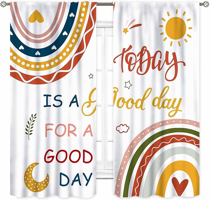Rainbow Curtains for Classroom, Kids Girls Baby Boho Cute Inspirational Motivational Quotes Cartoon Colorful Pastel Nursery Classroom Bedroom Living Room Bathroom Window Drapes 2 Panels, 55"x63" Inch