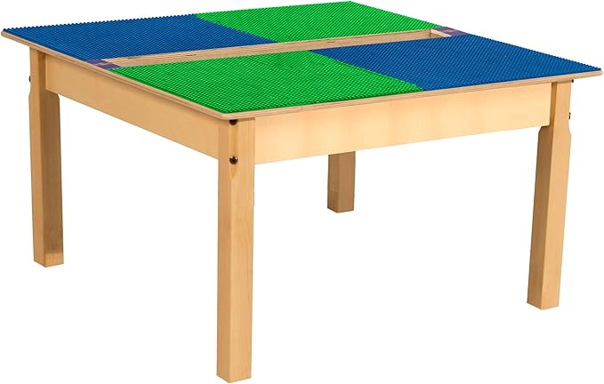 Contender Time-2-Play 35" Square Blue and Green Birch Plywood Montessori School Activity Compatible with Duplo Table with Trough for Kids with 18" Long Wood Legs