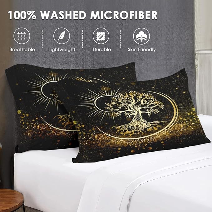 7 Pcs Queen Size Comforter Set with 2 Pillowcases & 2 Shams, Black Sun and Moon Bedding for Kids and Adults, Nature Tree of Life Bed in a Bag with Flat Fitted Sheet