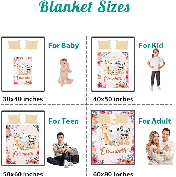 Custom Safari Animals Blanket Gift, Personalized Baby Blanket with Name, Soft Plush Flannel/Sherpa Fleece Throw Blankets for Toddler Kid Teen Boys Girls Color11