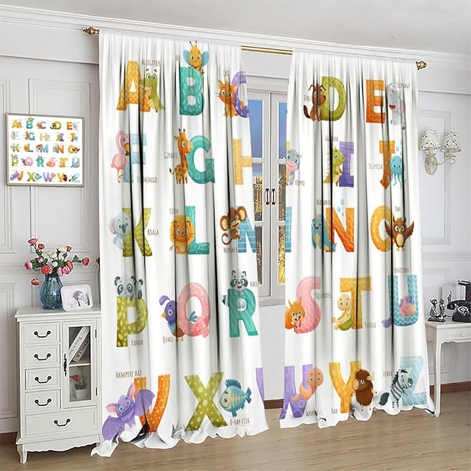 Kids Alphabet Curtains Educational Baby Cartoon Animals Colorful Cute Curtain with Rod Pocket for Nursery Living Room Home Decor Drapes Window Treatments 2 Panels Set 63x63in