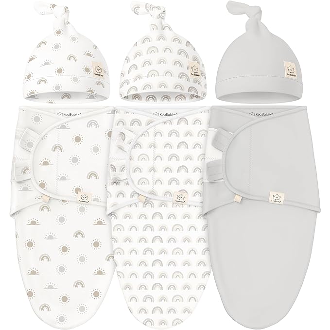 KeaBabies 3-Pack Swaddles for Newborns, Girls, Boys with Hats - Organic Soft Baby Sleep Sacks, Breathable Baby Swaddle 3-6 Months Beanies Set, Premie Infant Sleep Sack 0-3 Months (Shifts)
