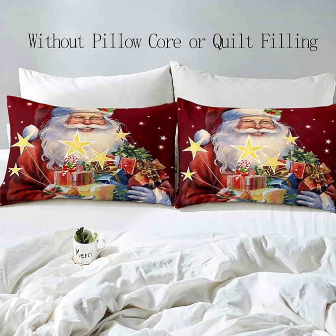 LUVIVIHOME 2PCS Christmas Santa Duvet Cover Twin Bedding Sets, Boys Girls Kids Bedding, Winter Holiday New Year Xmas Gifts Red Christmas Comforter Bedspread Quilt Cover, Bed in a Bag, 1 Pillow Sham