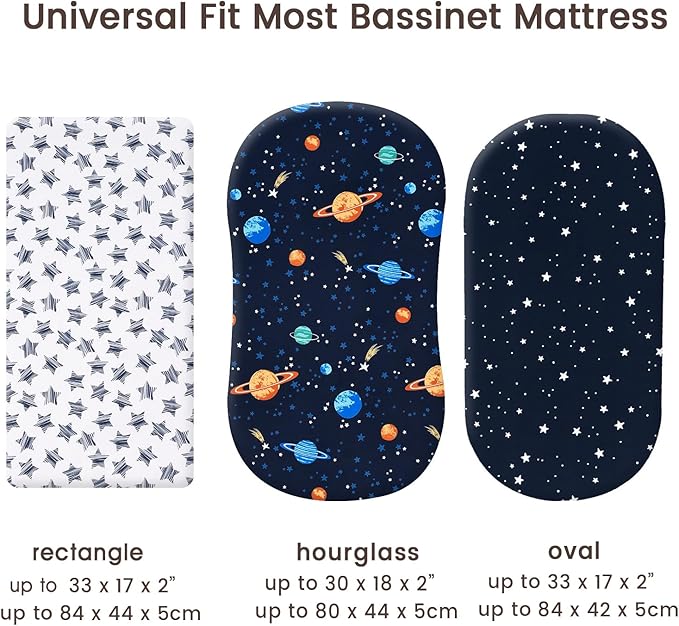 PHF 3 Pack Soft Bassinet Sheets, Space Breathable Comfy Cradle Sheets for Baby Boys Girls Neutral, No Slip Universal Fit for Most Cradle and Bassinet Mattress, Space
