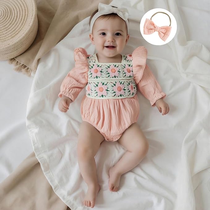 Gaono Newborn Baby Girl Smocked Bubble Romper Cute Boho Summer Clothes Ruffle Sleeveless Crochet Flower Vintage Bodysuit