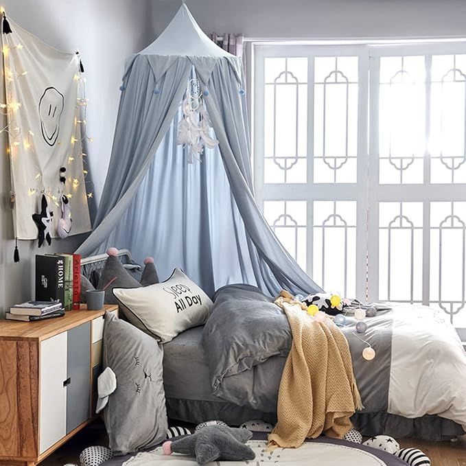 Bed Canopy for Girls, Round Dome Hanging Canopy for Baby Brib Kids Bed Room Decor Reading Nook Indoor Outdoor Playing Castle (Grey Blue)