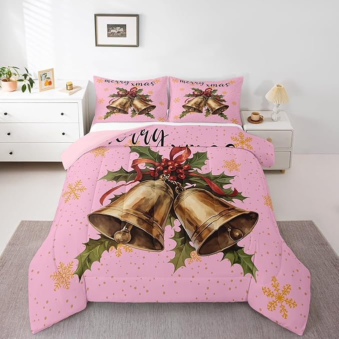 Erosebridal Merry Xmas Full Kids Comforter Sets Christmas Bell Bedding Sets for Girls Happy New Year Theme Down Comforter for Boys Teens Snowflake Quilt Set,Pink