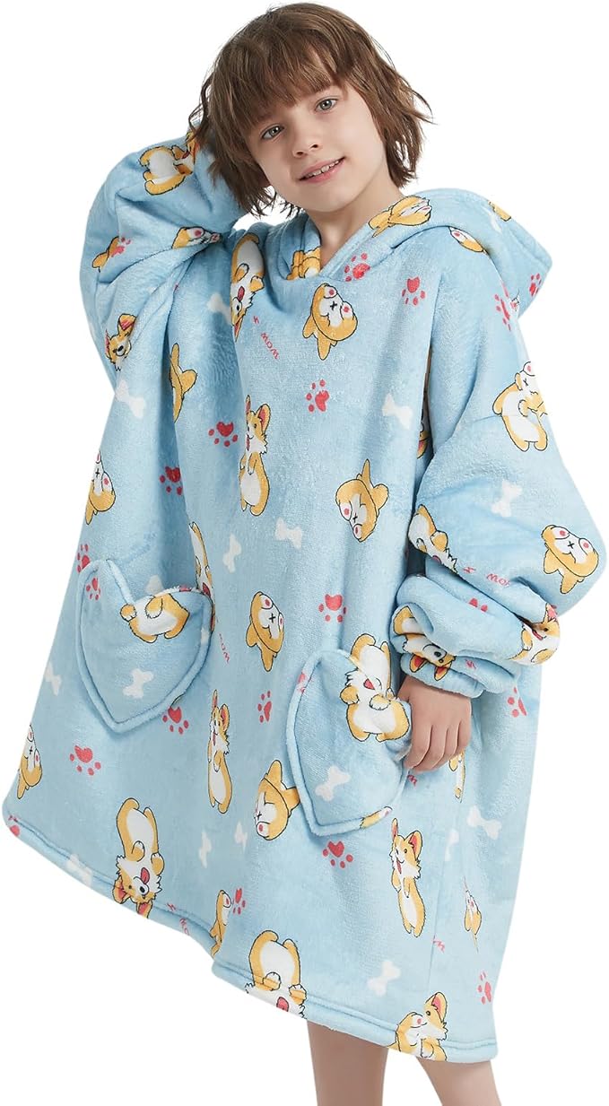 Fiosnow Corgi Blanket Hoodies for Kids 6-13YR Oversize Wearable Blanket Hoodies for Boys Girls Teens