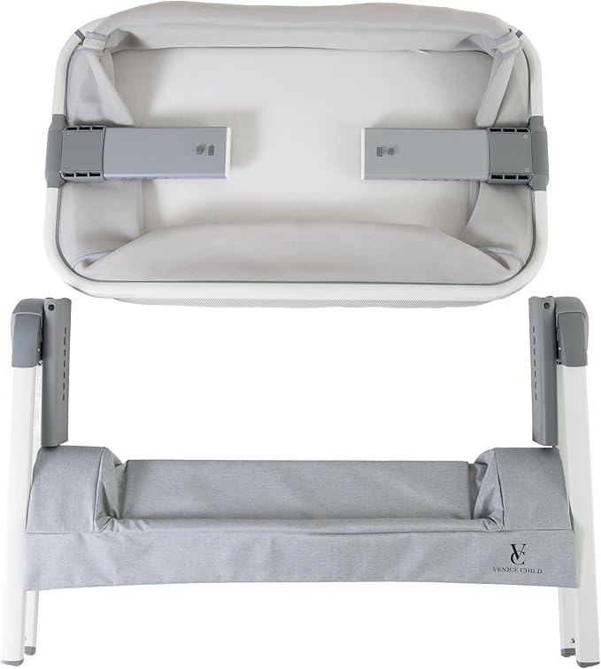 Venice Child California Dreaming Bedside Crib Bassinet w/Travel Case, Bamboo Bassinet Sheet, Removable Bamboo Compressed Cotton Mattress, Height Adjustable, Easy Clean (Gray)