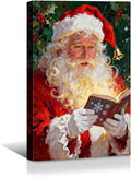 YONICA Christmas Canvas Wall Art Reading Santa 20x30 Inch Oil Painting with Glowing Book and Holly - Large Framed Gallery Wrapped Library Decor