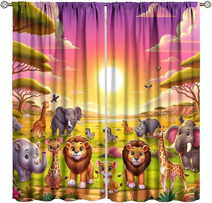 West Animal Curtains Kids Boys Girls Window Treatment Africa Cartoon Animals Lion Elephant Giraffe for Nursery Baby Bedroom Playroom Decor Window Drapes 42" W X 45" L