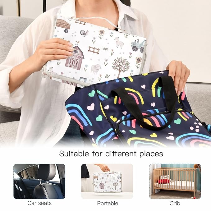 Portable Changing Pad for Baby - Cute Farm Animals Waterproof Diaper Changing Mat Travel Changing Pad with Built-in Pillow - Shower Gift for Baby