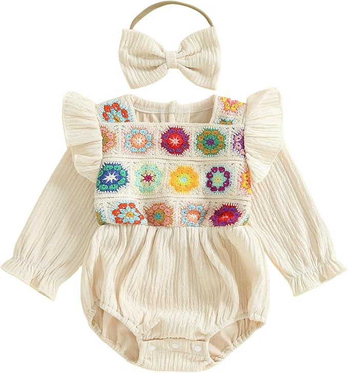 Gaono Newborn Baby Girl Smocked Bubble Romper Cute Boho Summer Clothes Ruffle Sleeveless Crochet Flower Vintage Bodysuit