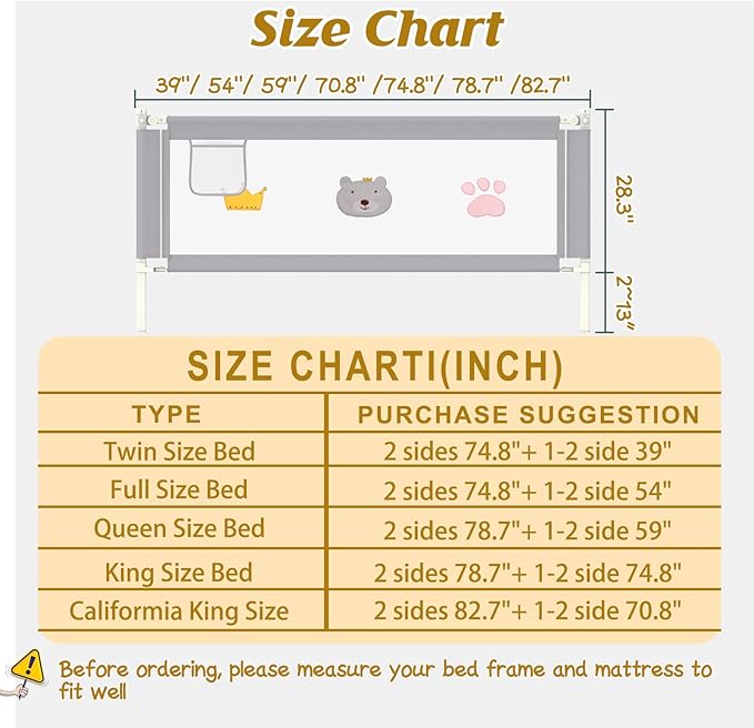 Height Adjustable Bed Rail for Toddlers, Kids Safety Baby Bed Rail for Twin/Full/King/Queen Size Bed (1 Side, 78.7 Inch)