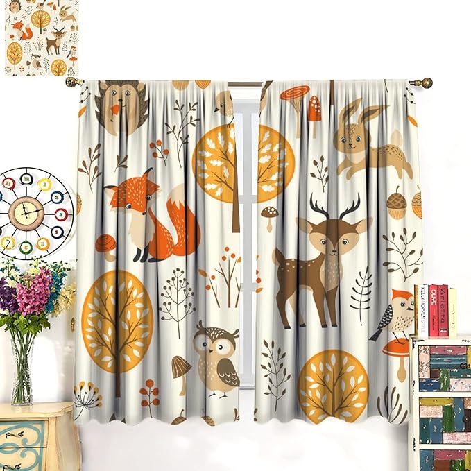 Kids Forest Animal Curtains,Baby Bedroom Window Treatments, Cartoon Watercolor Forest Animal Lion Boys Girls Children Bedroom Drapes 63x72in