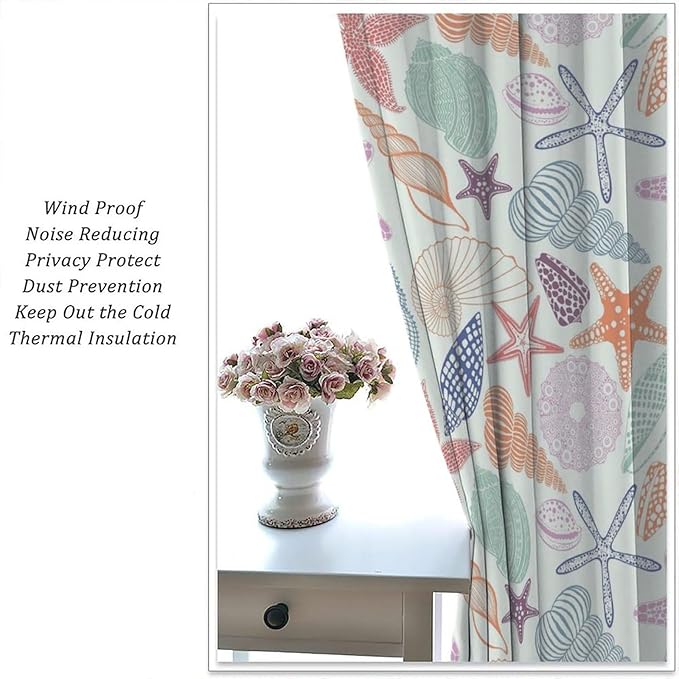 Coastal Nautical Curtains,Colorful Starfish Seashell Beach Sea Starfish Seashell Theme Pattern Blackout Print Home Bedroom Living Room Window Treatmen 2 Panel Set 55x63 Inch