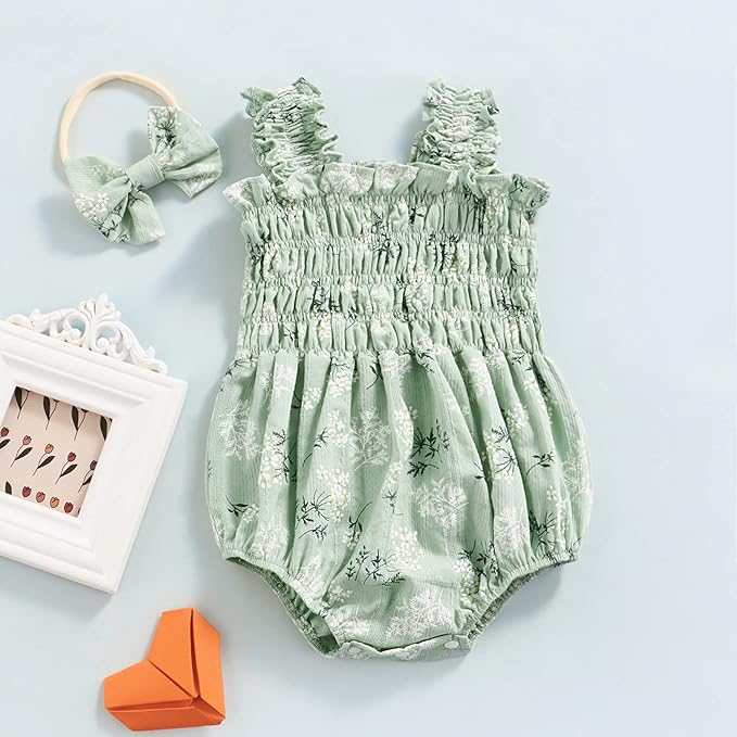 Newborn Baby Girl Bodysuit Sleeveless Halter Frill Romper One-piece Jumpsuit with Headband Summer Clothes Set