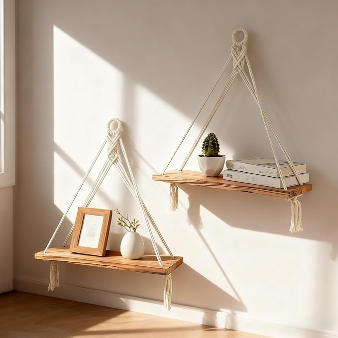Boho Macrame Hanging Wall Shelves Set of 2 - Rustic Wood Triangular Floating Storage Shelf for Bedroom Bathroom Living Room Nursery Dorm - Boho Room Deco