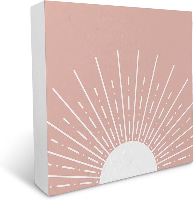 KU-DaYi Abstract Boho Sun Sunrise Sunshine Blush Pink Wood Box Sign Rustic Farmhouse Style Wood Block Plaque Decor for Bohemian Home Girls Room Wall Desk Shelf Decoration