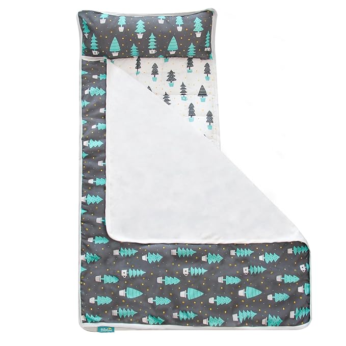 Biloban Toddler Nap Mat with Pillow and Blanket, Cot Nap Mats for Daycare Preschool, Portable Travel Sleeping Bag for Kids, Warm & Skin-Friendly, Dark Woods, 50" x 21"