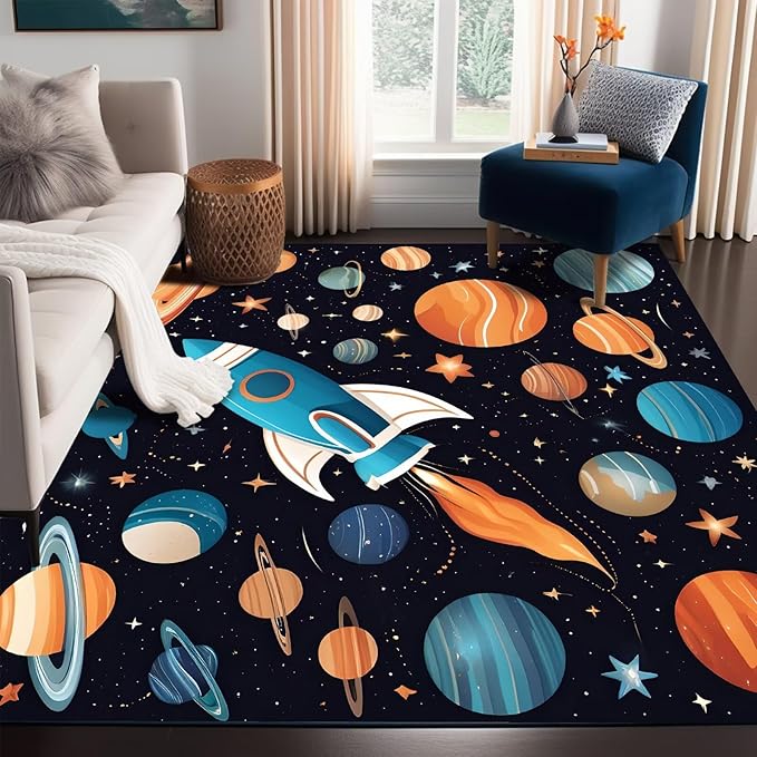 6' x 9' Space Rocket Rug for Kids Bedroom Cartoon Planet Stars Rugs Galaxy Carpet Printed Throw Rugs for Boys Children Living Room,180x275cm