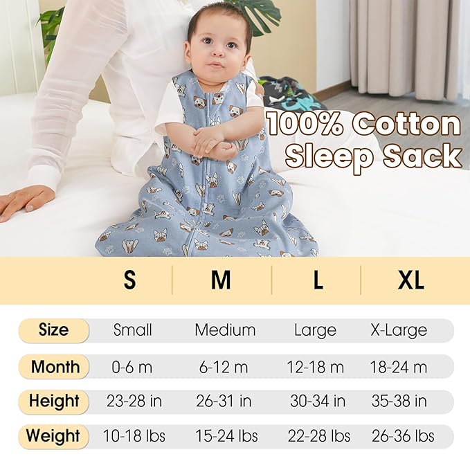 PHF Soft Baby Sleep Sack 18-24 Months 100% Organic Cotton Wearable Blanket, 2-Way Zipper 0.5 TOG Toddler Sleeping Sack 3 Pack, Comfy Sleep Bag for Baby Boys Girls, Pets Dogs (X-Large)