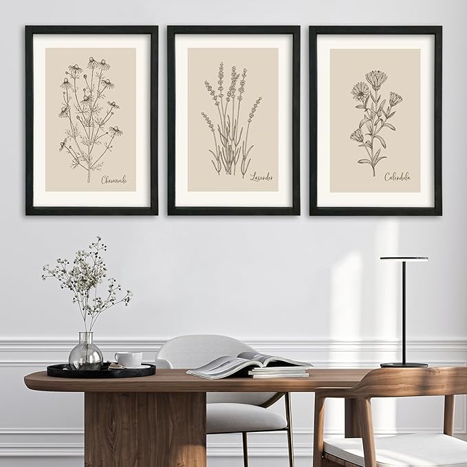 YWJKWLGS Vintage Botanical Wall Art 16x24 Inch Set Of 3 Wooded Framed Minimalist Rustic Wildflower Pictures Floral Sign Bedroom Wall Hanging Decor (Black)