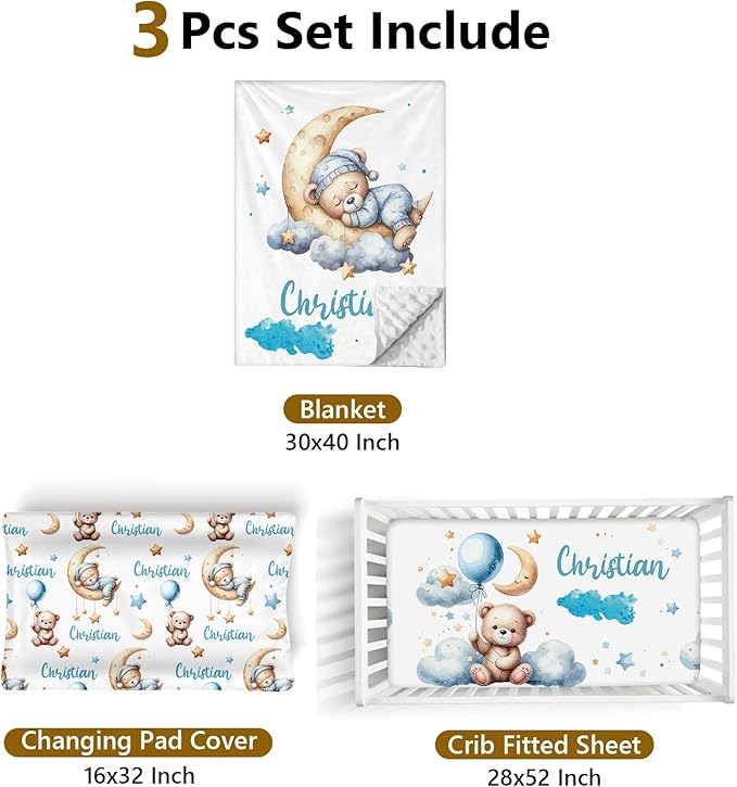 Custom Name Crib Bedding Set, 3 Pcs Personalized Baby Crib Bedding Set, Soft Blue Moon Bear Nursery Crib Sets for Boys Girls, Double Layer Toddler Bedding Set Customized Gifts for Newborn Kids