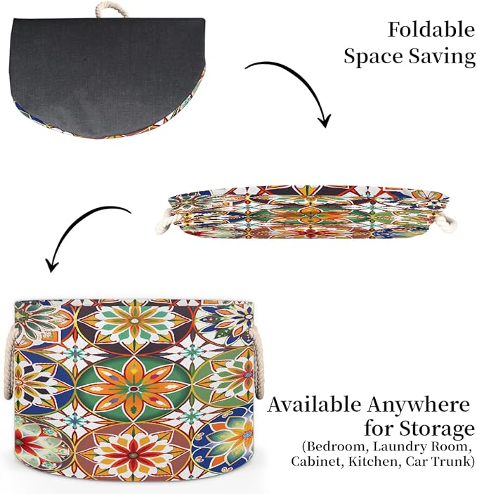 Colorful Geometric Mandala Round Storage Basket for Laundry & Toys, Lightweight Fabric Laundry Hamper with Handles, Foldable Large Organizer Bin for Bedroom Bathroom Nursery Dorm