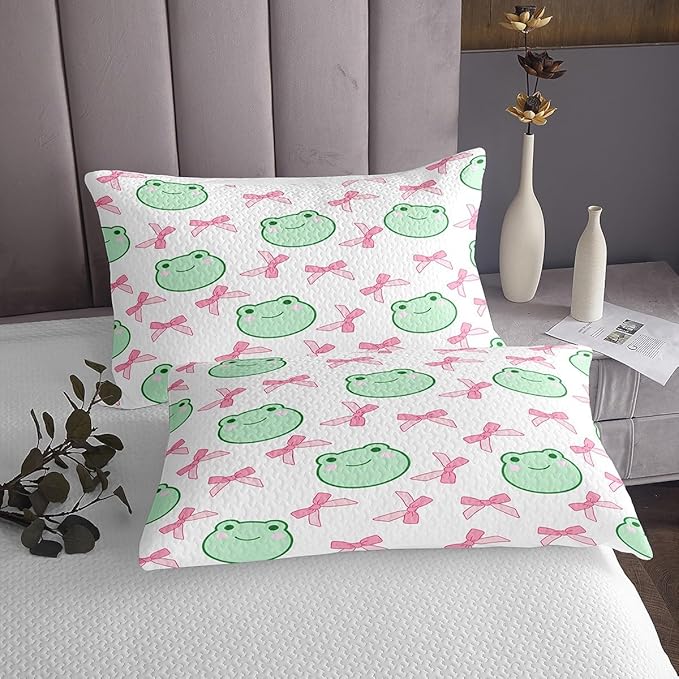 Manfei Pink Bowknot Bedspread King Size,Cartoon Frog Bow Tie Butterfly Knot Princess Coverlet Set,Girls Women Room Decor,Geometric Patchwork Cute Quilted Coverlet,Sweet Bedding Quilt,2 Pillowcases