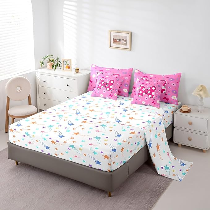 7 Pieces Pink Bowknot Kids Comforter Set King,Daisy Flowers Geometric Dot Patchwork Bedding Set,Bow Tie Cute Princess Dreamy Chic（Comforter+Fitted+Flat Sheet+2 Pillowcases+2 Throw Pillow Covers）