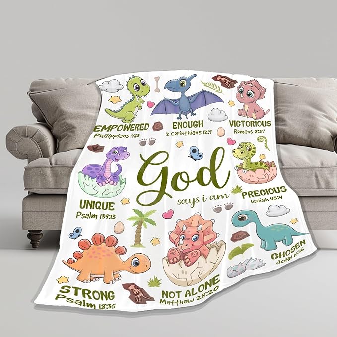 Bible Verse Blanket, Christian Gifts, God Says I am Print Dinosaur Blankets, Meaningful Thoughtful Religious Baptism Gift for Son,Dinosaur Lovers Room Bed Decoration, 60"x80"