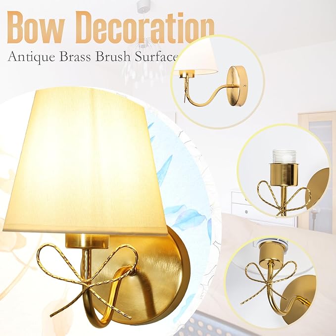 Antique Brass Wall Sconces Set of Two, Bow Sconces Decor Gold Wall Lights Brass Brushed Gold Sconce with Fabric Shade, E26 110V Hardwired Wall Lamps for Girl Bedroom, Living Room, Nursery Room