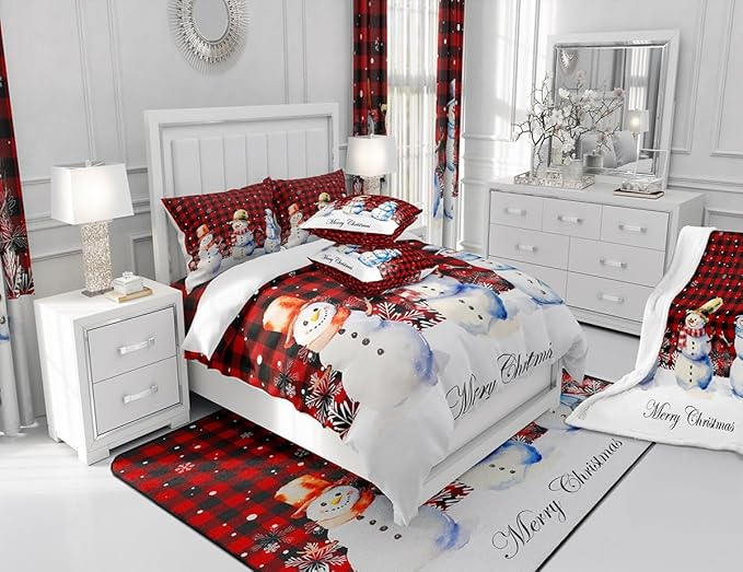 Xmas Snowman Duvet Cover Set Full Size, Christmas Bedding Set 3pcs for Kids Boys Girls Bedroom Decor, Red Black Plaid Print Comforter Cover with 2 Pillowcases,Snowflake Print Quilt Cover,No Comforter