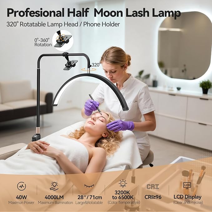 Lash Light, Upgraded 28'' Large Half Moon Light for Lash Tech, Nail Tech, Tattoo Artists and Estheticians, LED Moon Lamp with Knob Control & LCD Display, Lockable Wheel Base and Phone Holder