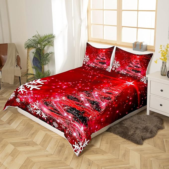 Manfei Red Xmas Tree Duvet Cover Set Twin Size, White Snowflake Print Bedding Set 2pcs for Kids Boys Girls Bedroom Decor, Christmas Theme Comforter Cover with 1 Pillowcase,No Comforter